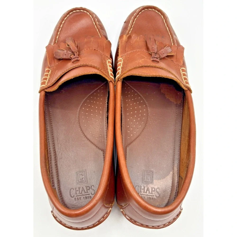 Chaps Men's Brown Leather Tassel Kiltie Loafers Moc Toe Slip On Dress Shoes 11.5